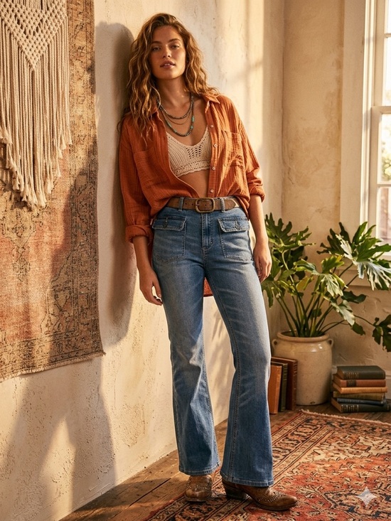 Free People Denim - Free People ($128) Medium Wash Denim Boho Y2K Medium Rise Blue Flare Jeans Sz 27